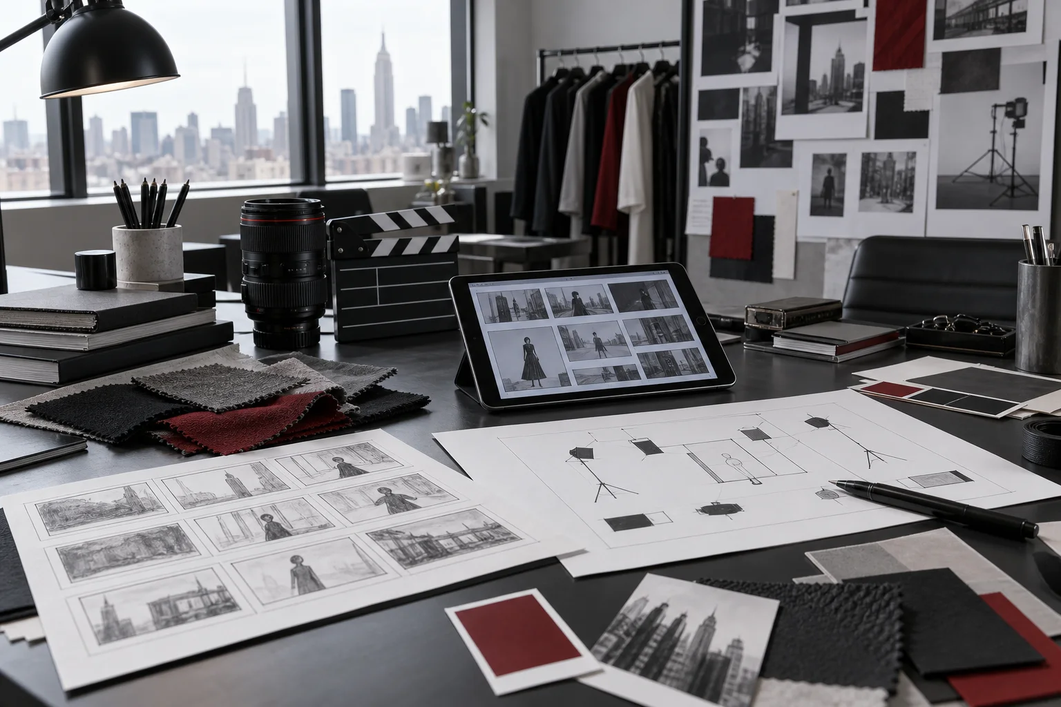 Fashion production desk with storyboard frames, camera lens, tablet and shot notes